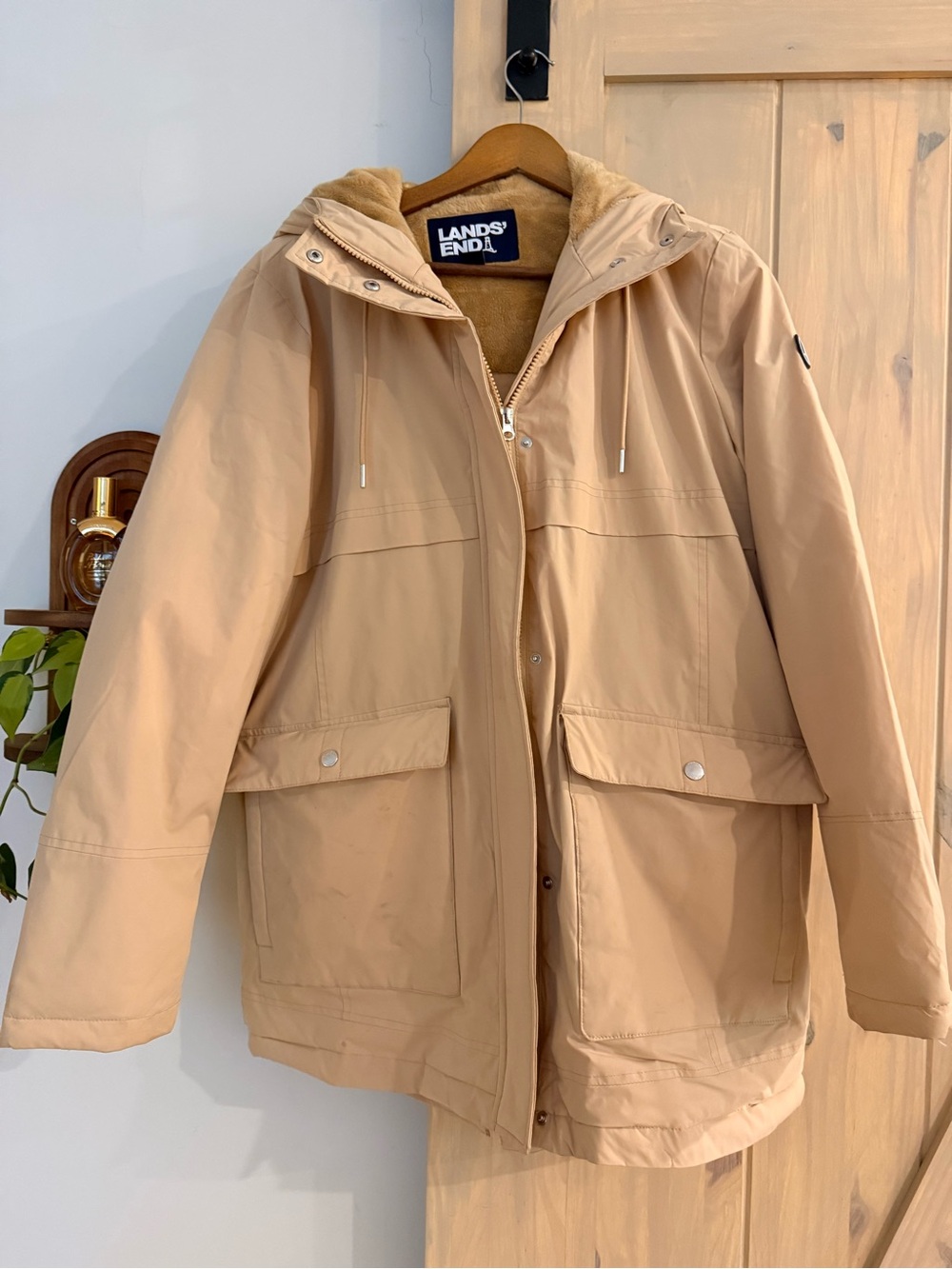 Lands' End Women’s Beige Hooded Raincoat